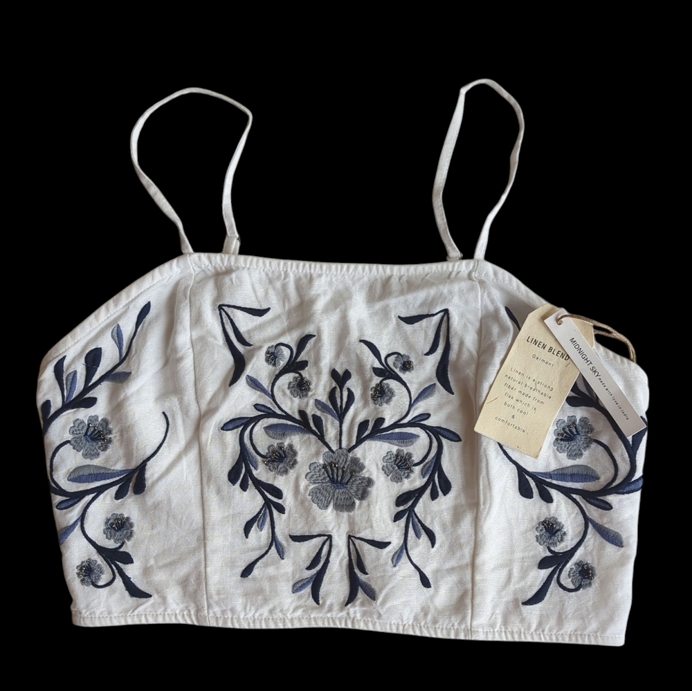 NEW Midnight Sky Linen Blend Embellished Floral Smocked Crop Top L White Blue